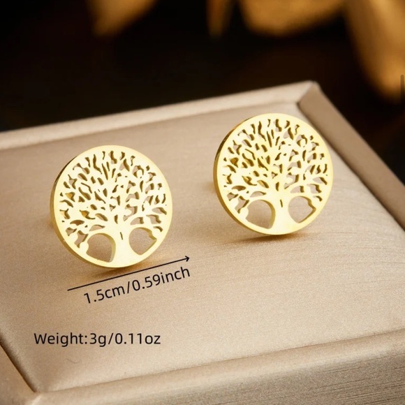Tree Of Life Golden Necklace Earrings Set With Zirconia. Stainless Steel - Picture 5 of 10